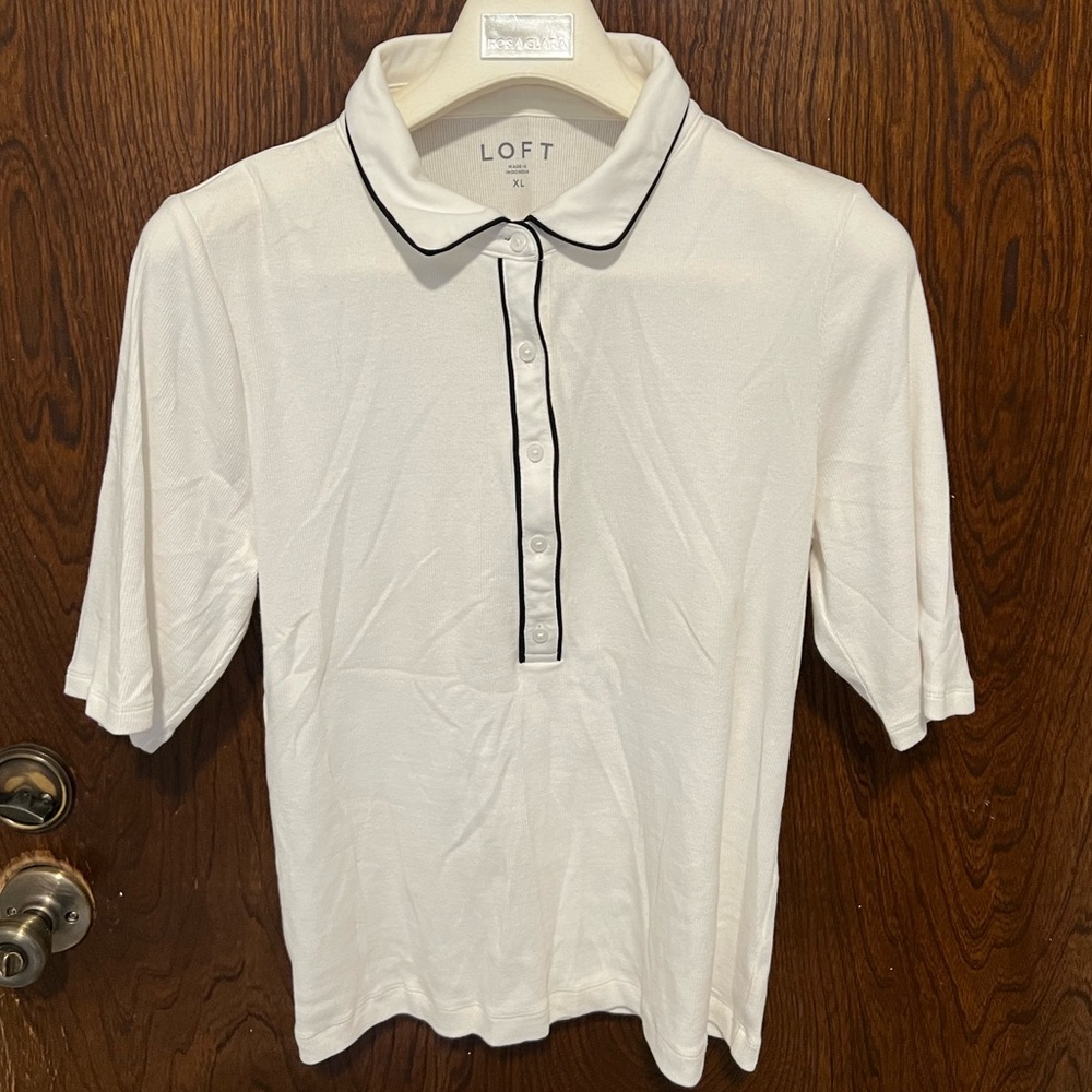 LOFT by Ann Taylor White Polo with Black Piping, Soft Knit Material, Lightweight